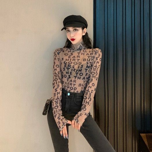 ✓▽✷Suhao chic gaya Hong Kong kerah setengah tinggi leopard top wanita musim gugur dan musim dingin temperamen slim slim lengan panjang T-shirt seksi kemeja bottoming