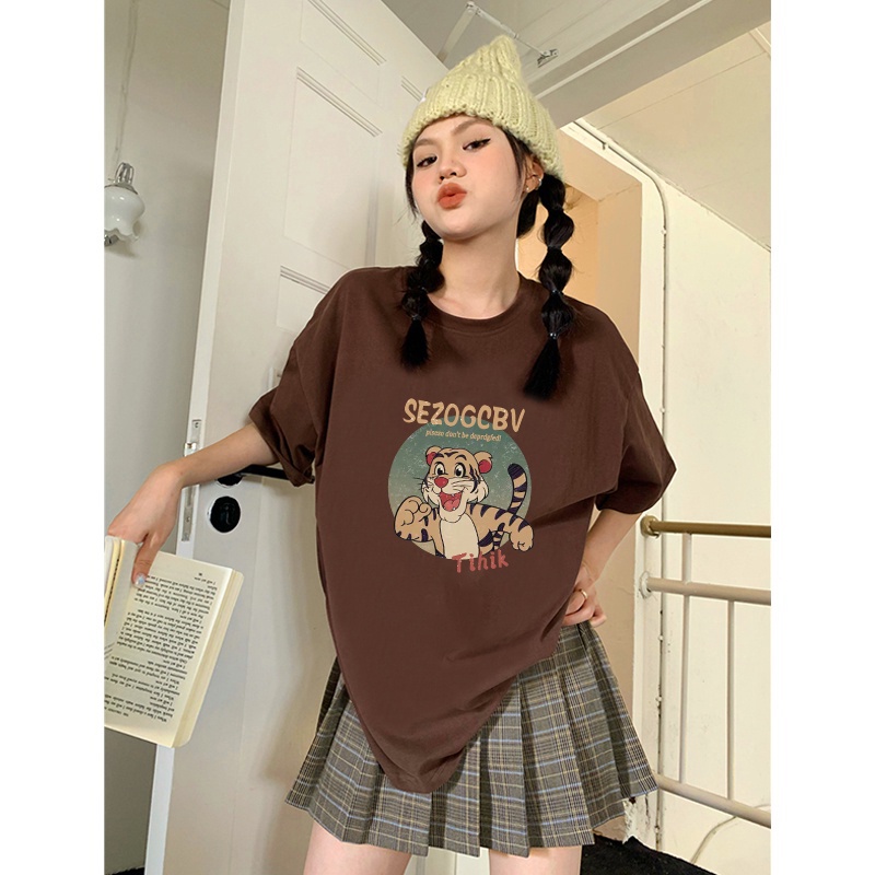 Kaos Couple Oversize Kekinian Vintage Letter Tiger Cartoon Pattern Printing Lengan Pendek T-shirt Baju Wanita Hitam/kaos polos