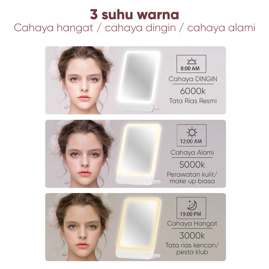 BOMIDI Cermin Rias Makeup Mirror R1 LED Kecil Lighting USB Touch Aesthetic Dimmer Switch