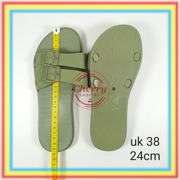 L1379-3 Sandal Selop Ban 2 Wanita Glanzton Sendal Slop Cewek Tali Gesper Karet Lentur Glanzton