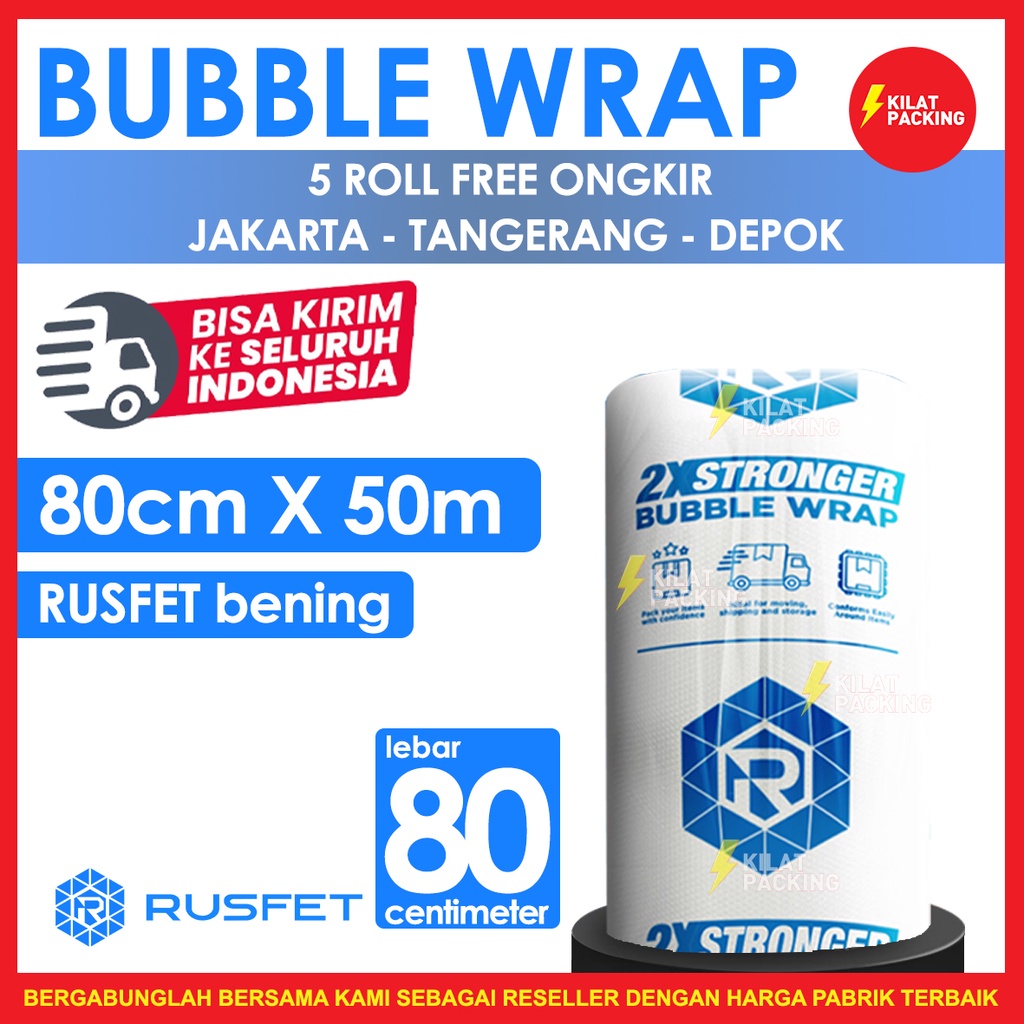

Bubble Wrap Rusfet Bening 80CM X 50M Tebal Plastik Bubblewrap Roll