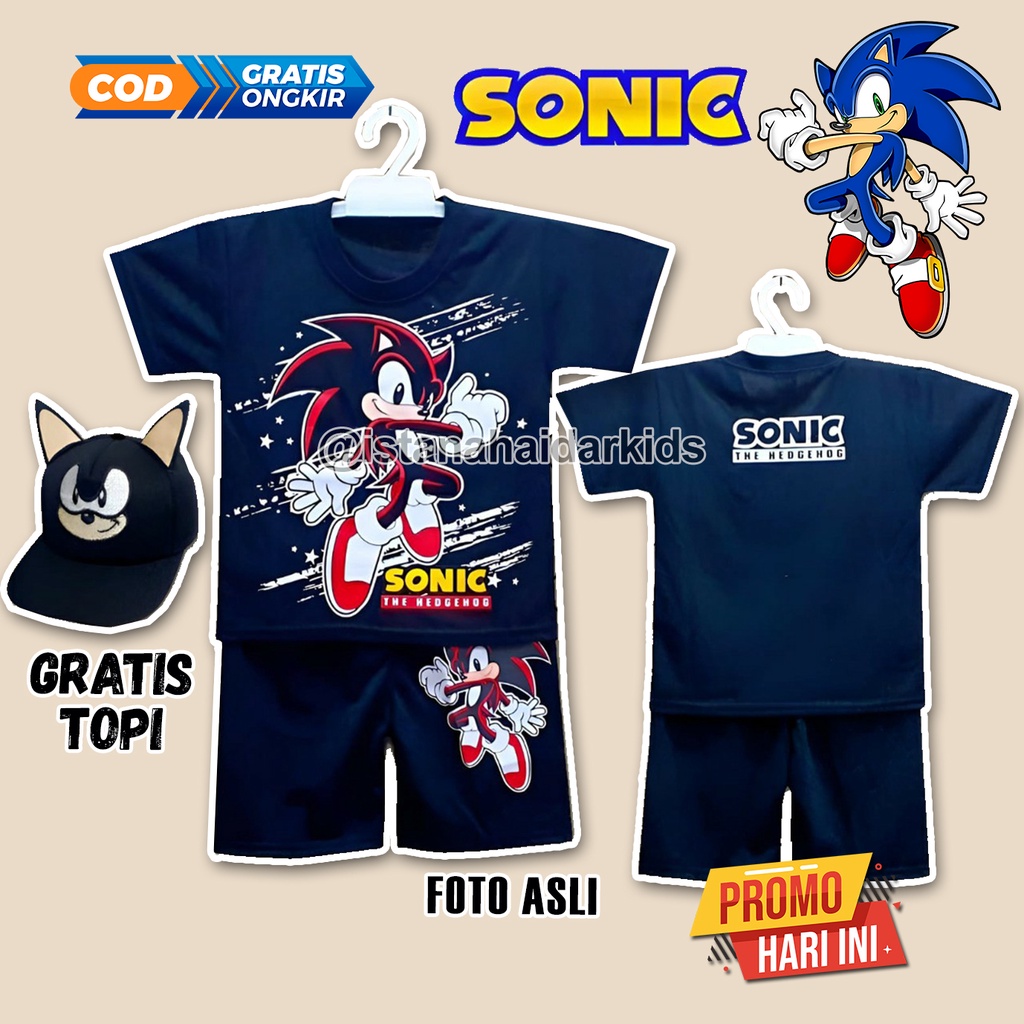 SETELAN SONIC ANAK LAKI LAKI GRATIS TOPI WARNA HITAM / BAJU SONIC YOUTH ANAK LAKI LAKI SETELAN PEREM