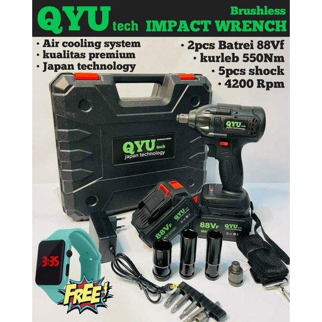 Impact wrench QYU TECH JAPAN 88Vf 2 batrei STD bor buka baut mobil motor super power bergaransi 3th