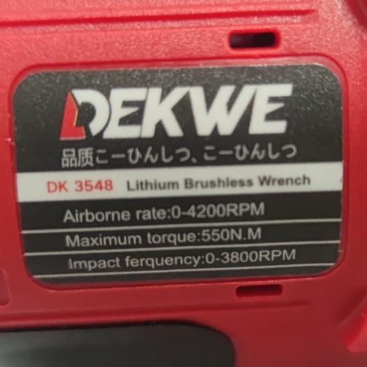 DEKWE DK3548 Impact Wrench Cordless Brushless 550n-M Baterai 48Vf