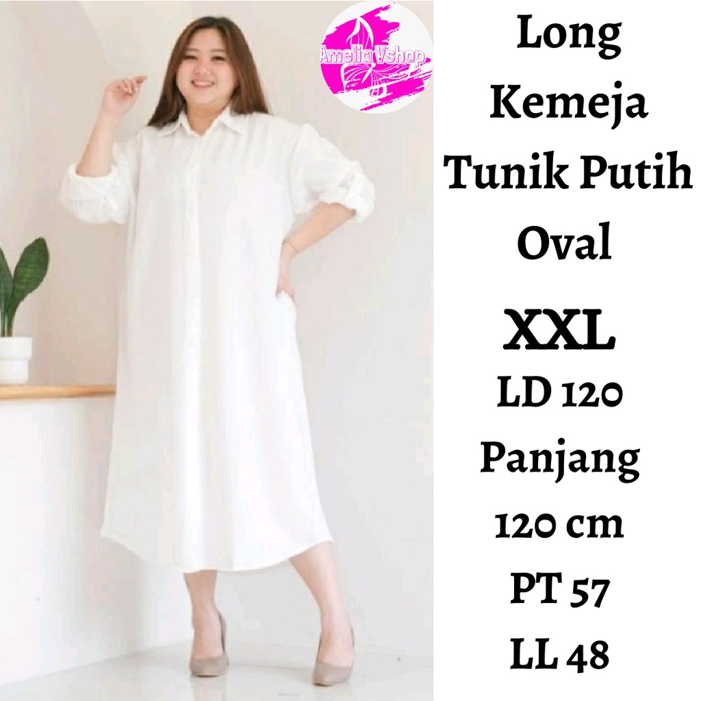 Amelia Baju Long Dress Kemeja Tunik Wanita  Putih Polos Jumbo Casual Kasual Dress Oversize Uk  XL XXL