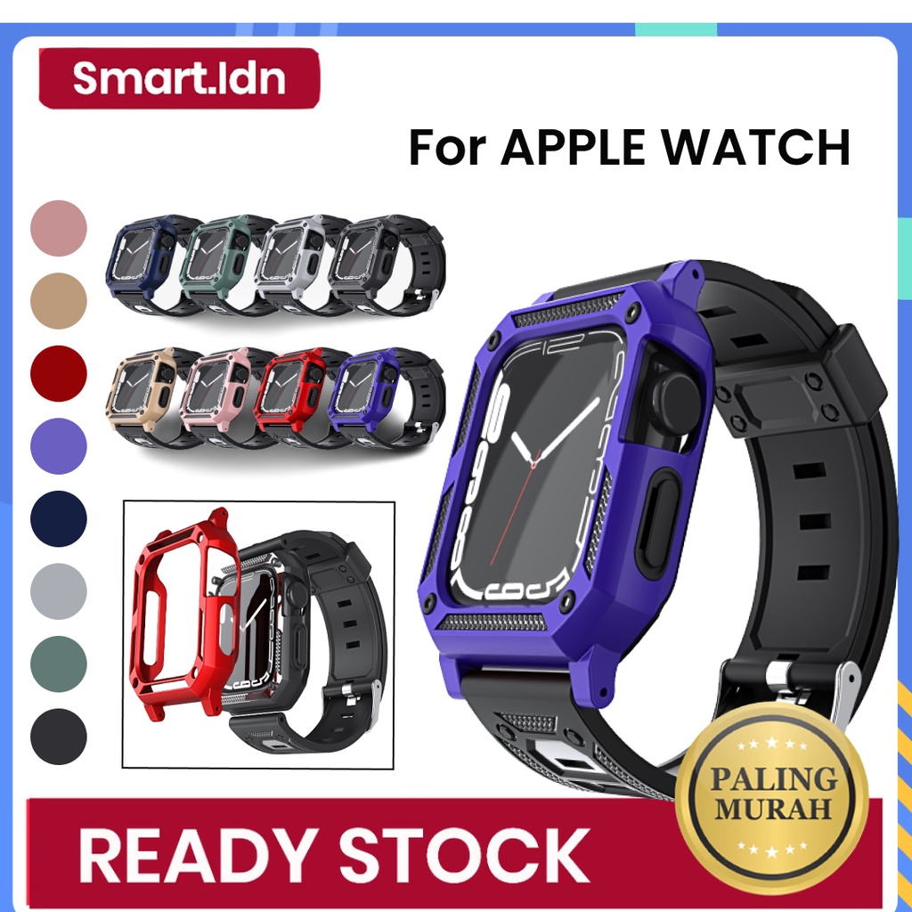 Strap iWatch with Bumper Case Sport Band Bahan Silikon Rubber Untuk Apple Watch Series 7 6 SE 5 4 3 2 1