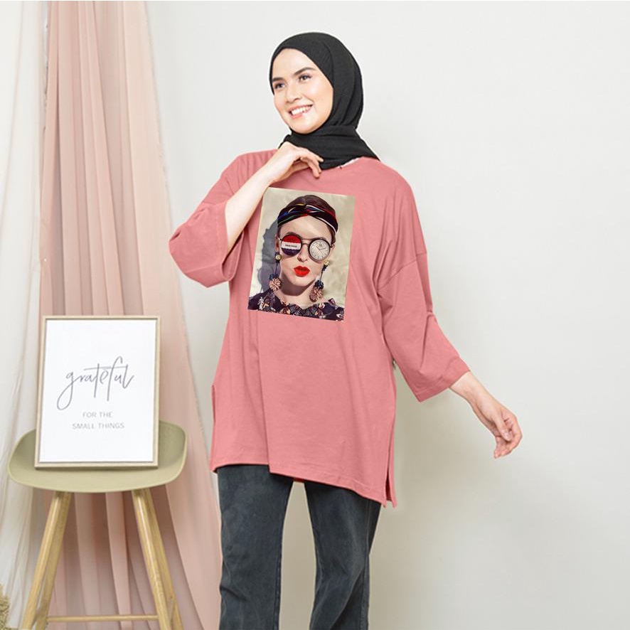 KAOS OVERSIZE TOP HIJAB WANITA BASIC DTF CEWEK BANDO / OVERSIZE SLIT BLOUSE GAMBAR DTF / DIGITAL PRINT