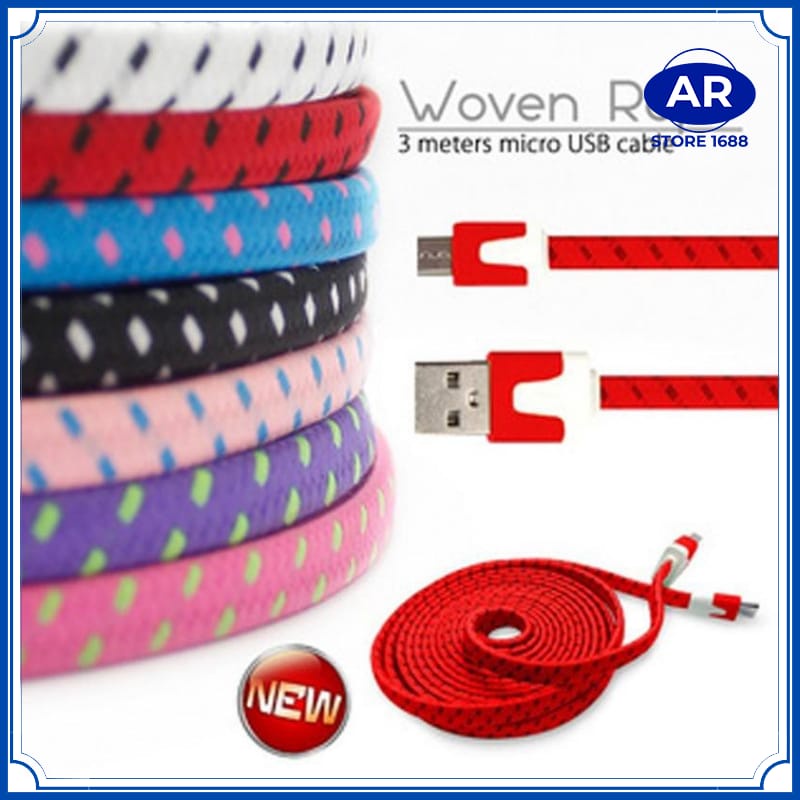 KABEL DATA TALI SEPATU 3M MICRO USB - TALI CHARGER GEPENG - CABLE HANDPHONE-AR STORE1688