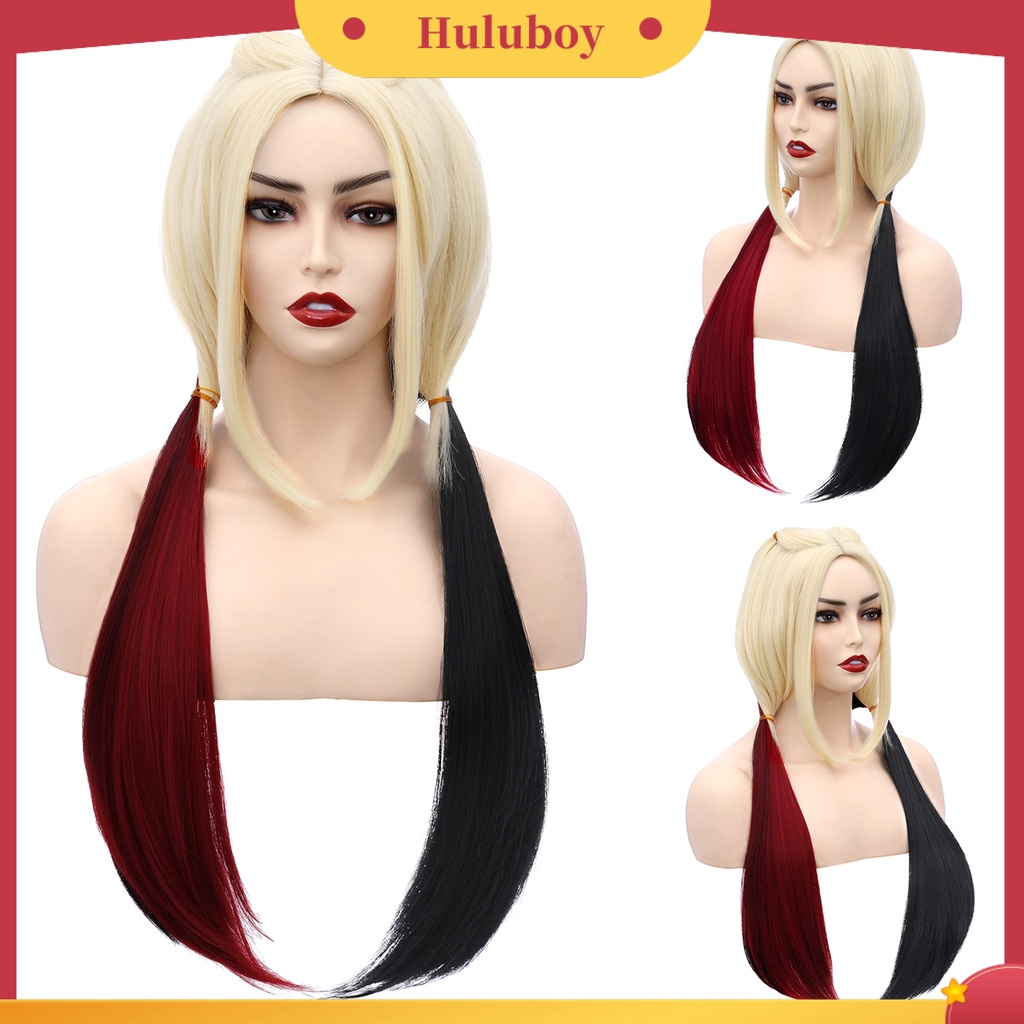Wig Rambut Sintetis Model Panjang Lurus Warna Hitam Merah Putih Tahan Panas Untuk Pesta Kostum Cosplay