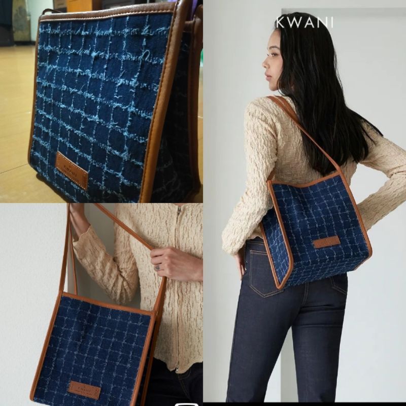KWANI Grid Frayed Denim Tote UNDER WEBPRICE