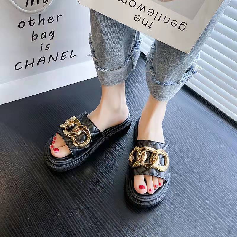 Sandal Slop Flat Wanita Model Slip On Wedges Motif Rantai Bulat Fashion Korea Style Kasual Cewek Nyaman Empuk PVC Azgalery SPT-40