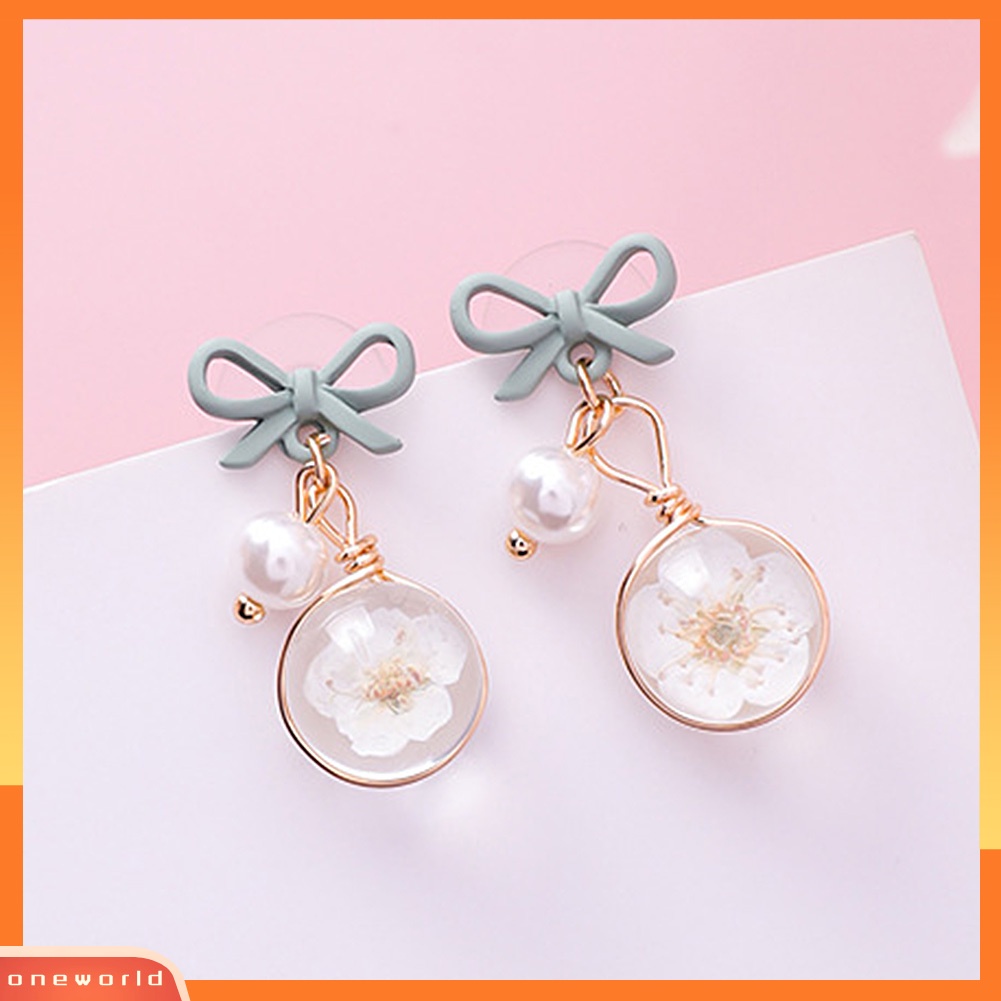 [WONE] Women Bow Cherry Blossom Flower Bola Kaca Menjuntai Ear Drop Earrings Perhiasan Hadiah