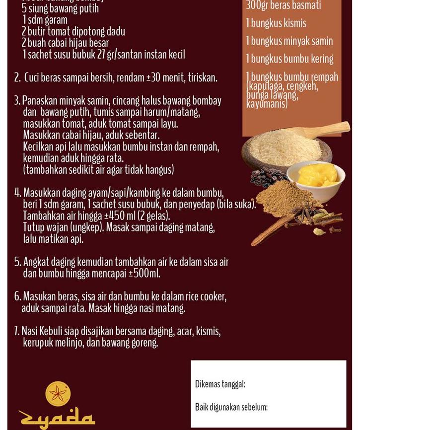

5.5 STOK READY Nasi Kebuli Instan Zyada 400gr (4-5 Porsi) Beras Bumbu Kebuli Minyak Samin