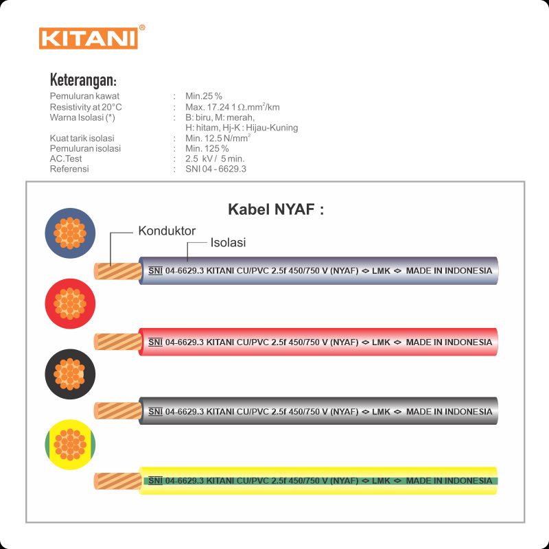 kabel Serabut Nyaf 1x1 mm² Kitani Kabel Body Kabel Panjang 50 meter