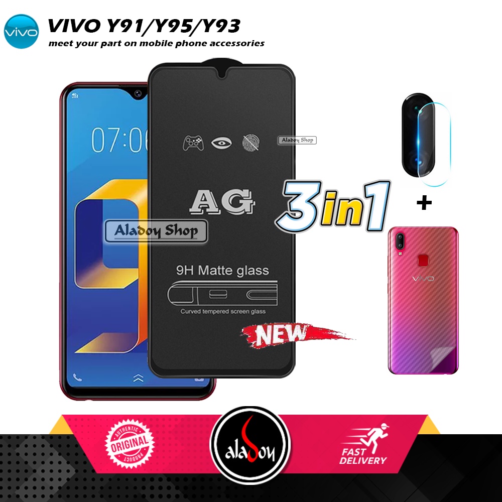 Paket 3IN1 Tempered Glass Layar Matte Anti Glare VIVO Y91/Y93/Y95 Free Tempered Glass Camera dan Skin Carbon