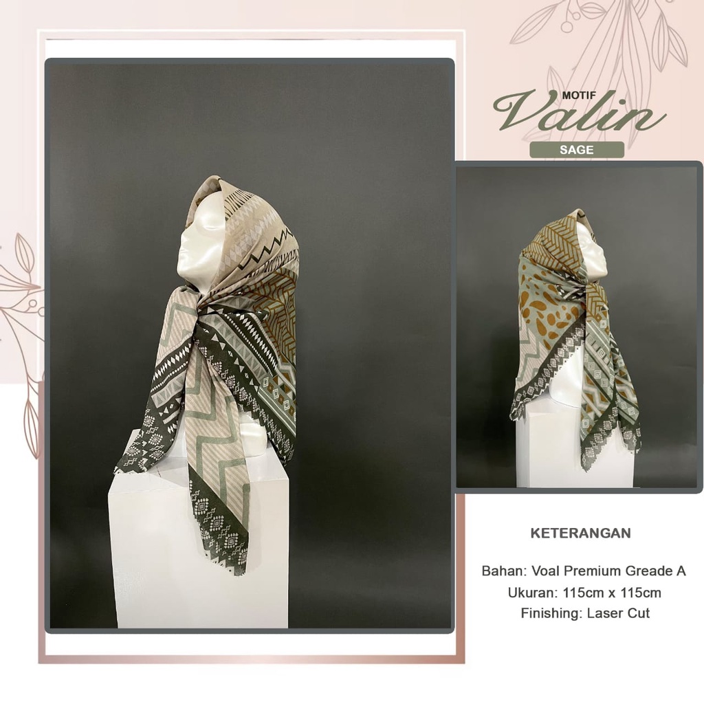 Kerudung Segi Empat Denay KW Motif Valin Sage Premium Laser Cut Voal Premium Terlaris
