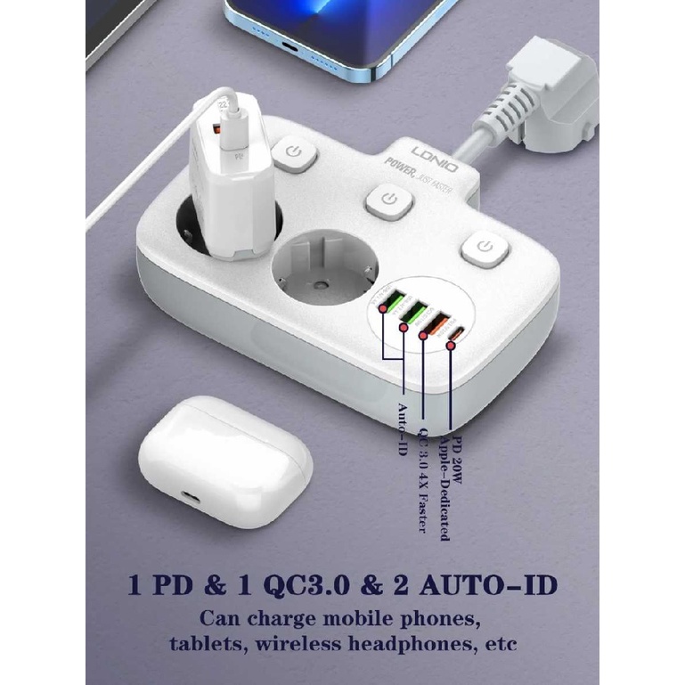 LDNIO SE2435 - Colokan Listrik 2 Lubang dengan USB-A dan USB-C PD 20W - Colokan Listrik Paling Praktis dari LDNIO