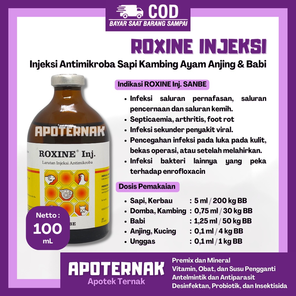 ROXINE Injeksi | Obat Infeksi Pernafasan CRD Ngorok Cekres Enrofloxacin, Pencernaan, dan Kemih | SANBE | Apoternak