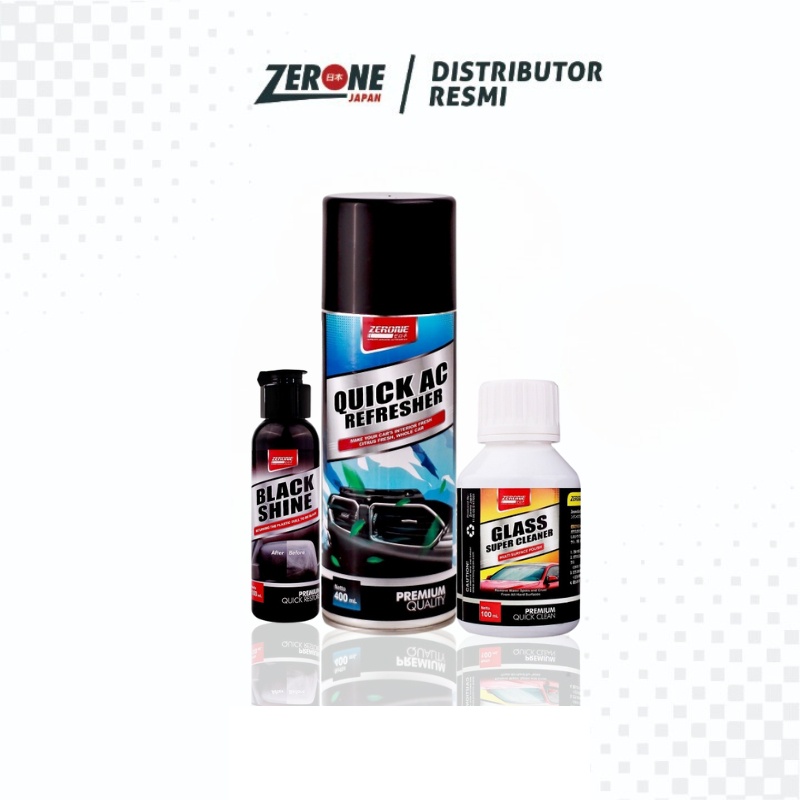 PAKET PEMBERSIH MOBIL AC REFRESHER ZERONE GLASS SUPER CLEANER DAN BLACK SHINE PENGHITAM MOBIL ORI