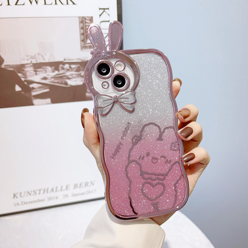 Cute Rabbit Glittering Big Wave Design Electroplating Soft Silicone Bunny Case hp for iPhone 14 Plus Casing IPhone 11 12 13 14 Pro Max Women's Girls Gifts Bumper Cover