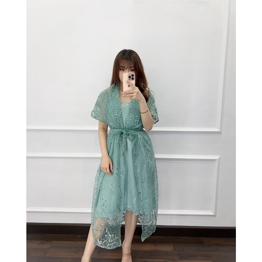 LONG DRESS TILE FULL/SELLA DRESS/DRESS KONDANGAN DRESS BRUKAT SAGE GREEN Baju Mini Dress Pesta Bruka