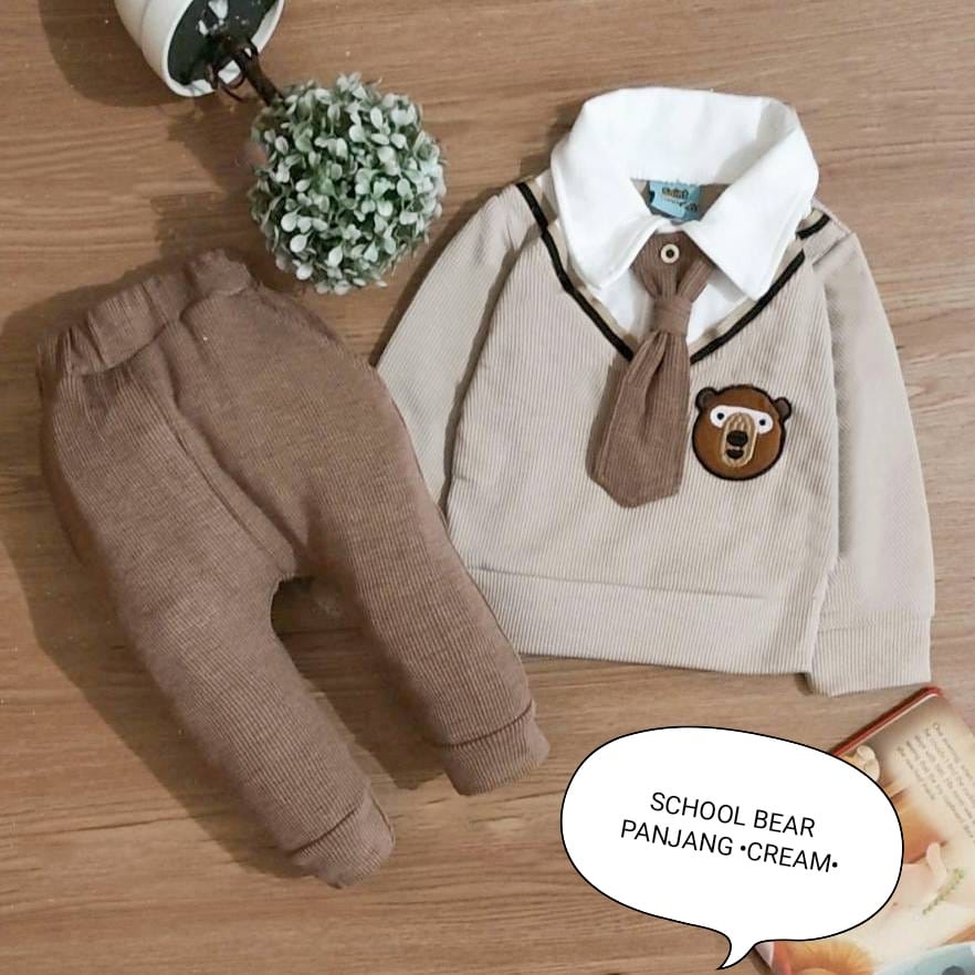 Setelan Anak Laki Laki - Baju Bayi Cowok Set Kemeja Rompi Dasi Tangan Dan Celana Pendek Dan Panjang Usia 3 Bulan-4 Tahun Motif School Bear