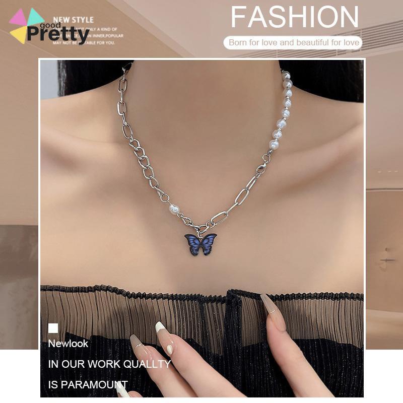 Kalung Rantai Kupu-Kupu Mutiara Desain Choker Fashion Korea Gaya Untuk Wanita - PD