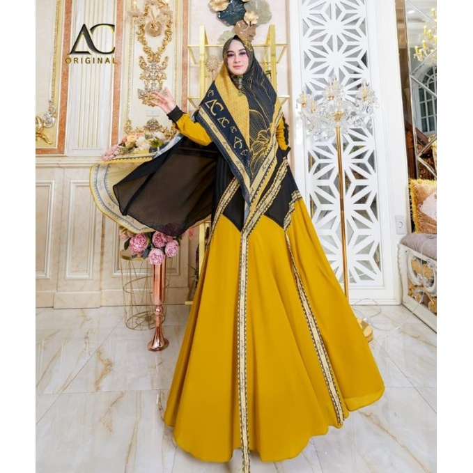 Gamis Syar'i Qinara ( MOM ) Set hijab bahan Ceruti Armani printing digital Epson by AC original