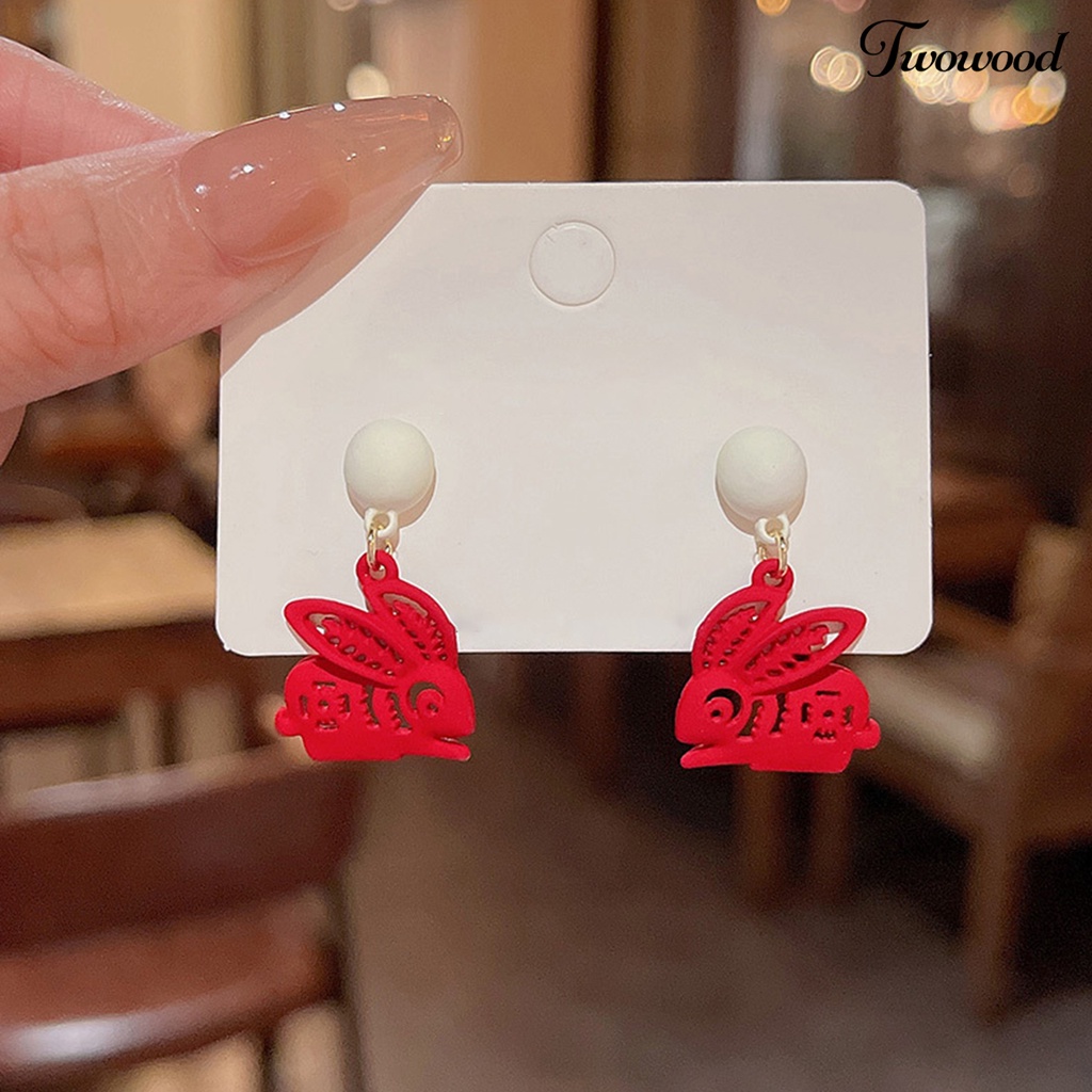 Twowood 1pasang Anting Menjuntai Kelinci Dekorasi Karakter Cina Romantis Menguntungkan Mutiara Imitasi Hiasan Telinga Vintage Cina Merah Cutting Paper Rabbit Earrings Aksesoris Pakaian