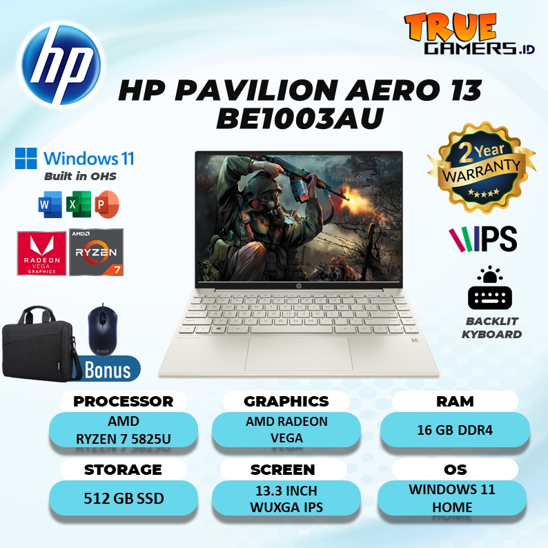 HP PAVILION AERO 13  AMD  RYZEN 7 5825U 16GB 512SSD VEGA8 W11+OHS 13 INCHWQXGA IPS BLIT