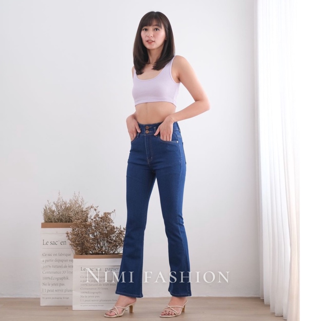 NIMI - Ivey HW Celana Jeans Cutbray Highwaist Stretch Wanita Denim Blue