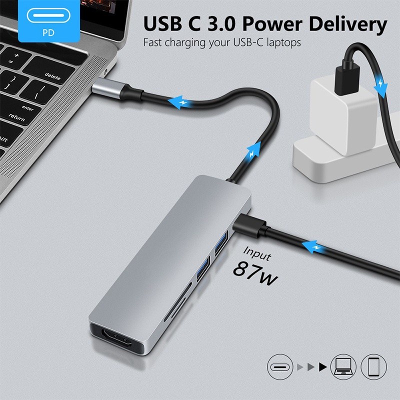 Converter Adapter 6 in 1 Type C to HDMI TF SD PD USB 3.0