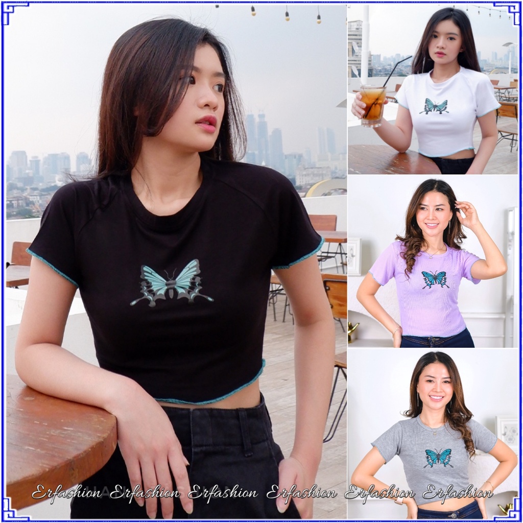 Erfashion - Mariposa Crop Top Kriwil Rib | Kaos Butterfly Pendek Wanita Crop Top Motif Kupu Kupu