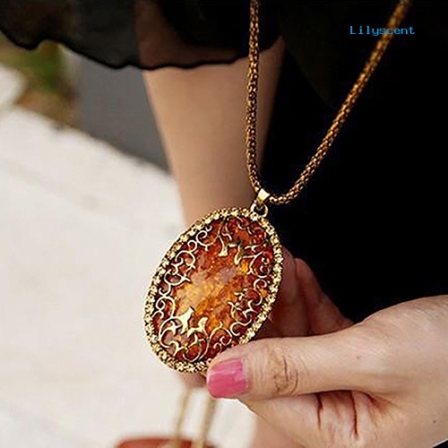 [LS]Wanita Vintage Amber Hollow Liontin Kalung Rantai Panjang Perhiasan Hadiah