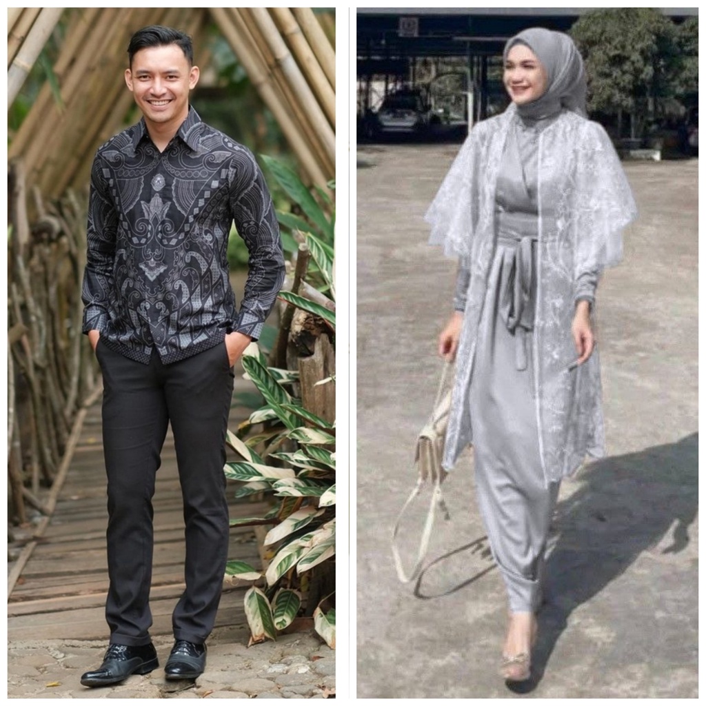 SHOPASHOP SOLO Batik Couple Dress Raya Kimono belt &amp; outer tulle mutiara Kombinasi Kemeja batik Lengan panjang