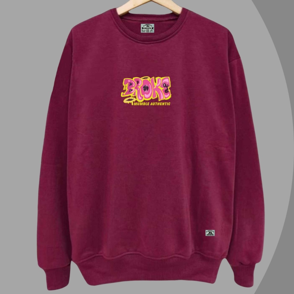 Sweter Kruneck Katun Tebal Warna Maroon Sablon Grafity Tulisan Broke Sweater Pria Wanita