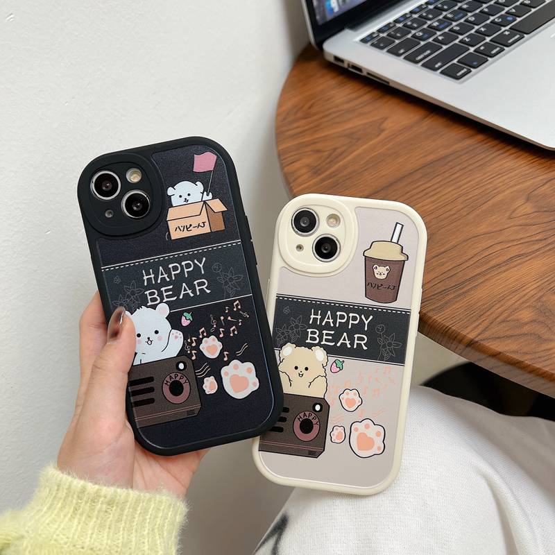 [Baolongwish] Couple Cute Milk Tea Bear SoftCase Apple iPhone 6S 7 8 Plus XR XS Max 11 12 13 14 Pro max 14 pLUS Black Silicone Case