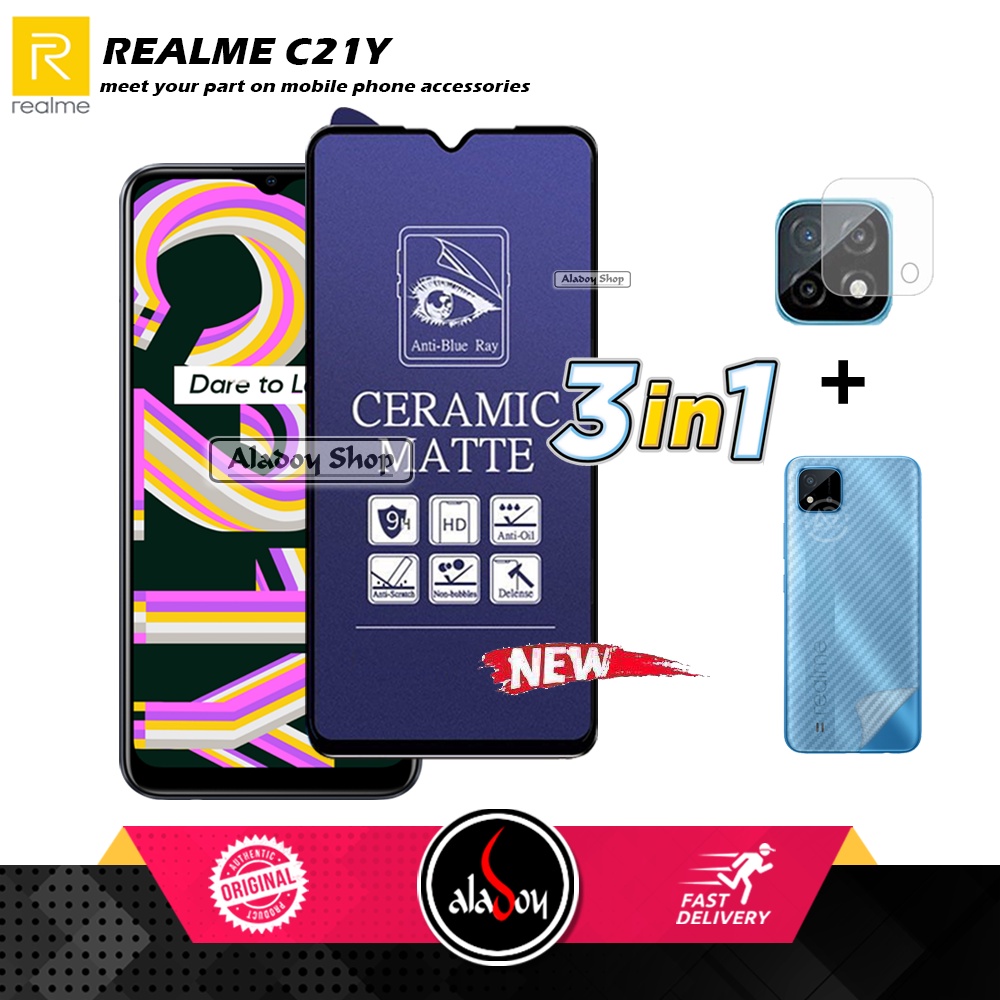 PAKET 3IN1 Anti Gores Blue Matte Anti Glare Realme C21Y + Tempered Glass Camera dan Skin Carbon