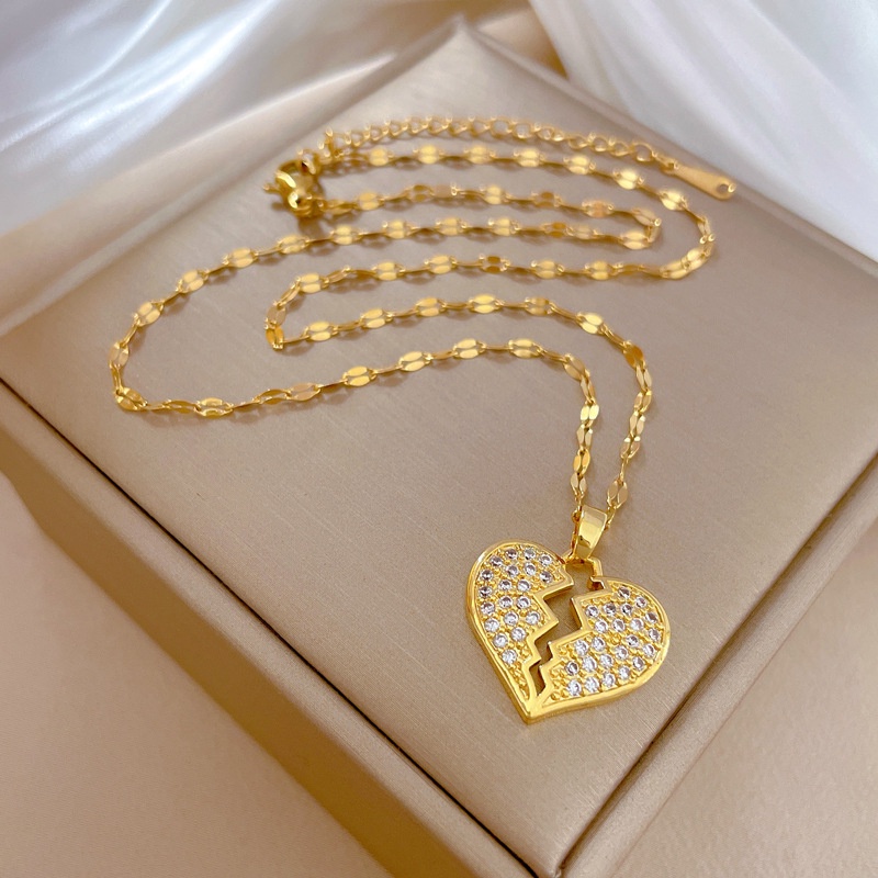 Titanium Steel Lapis Emas 18 K Cubic Zirconia Berlian Patah Hati Liontin Kalung Non Tarnish Gold Kalung Untuk Wanita Tahan Air Emas Liontin Kalung Hypoallergenic Aksesoris