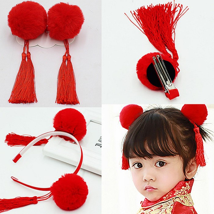 Jepitan Imlek Bulu Pompom Bando Anak Pita Merah Jepit Pita Jepang Ornamen Imlek Harga Grosir Termurah