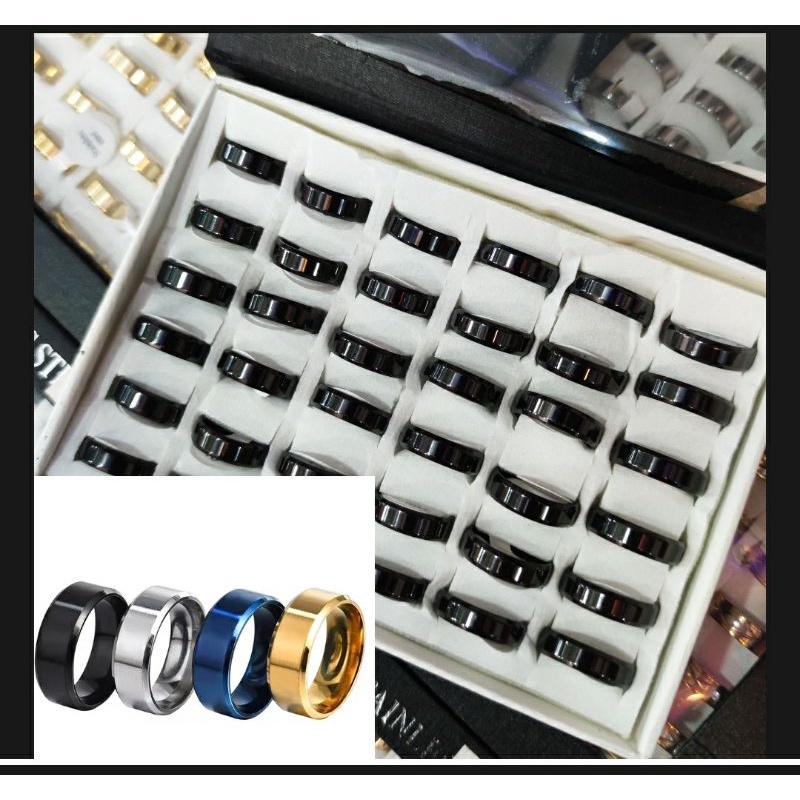 1Box isi 36Pcs Cincin couple Hitam Titanium sisi segi dan sisi rata polos Stainless steel anti karat selamanya Fashion Ring Harga Grosir