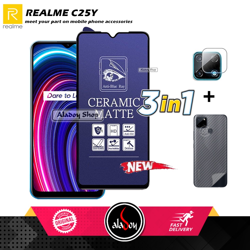 PAKET 3IN1 Anti Gores Blue Matte Anti Glare Realme C25Y + Tempered Glass Camera dan Skin Carbon