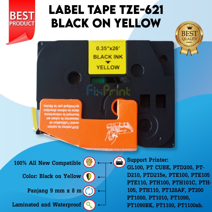 TZE-621 Brothr Label Tape 9mm Black On Yellow TZe621 TZe 621 Casette PTOUCH PT-E100 D200 PT-1000