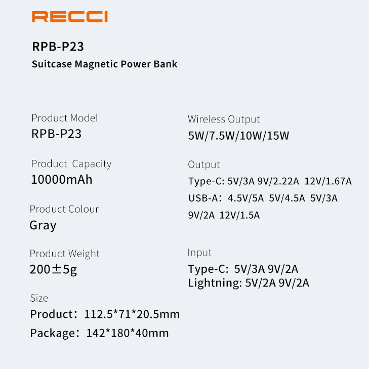 RECCI RPB-P23 10000mAh Powerbank - PD 20W and Wireless Charging 15W