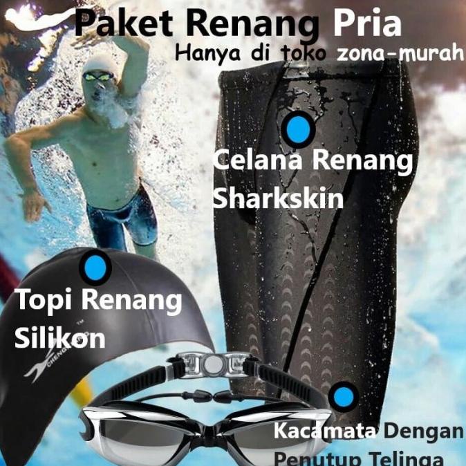 Paket Renang Topi Silikon Kacamata Penutup Telinga Celana Sharkskin