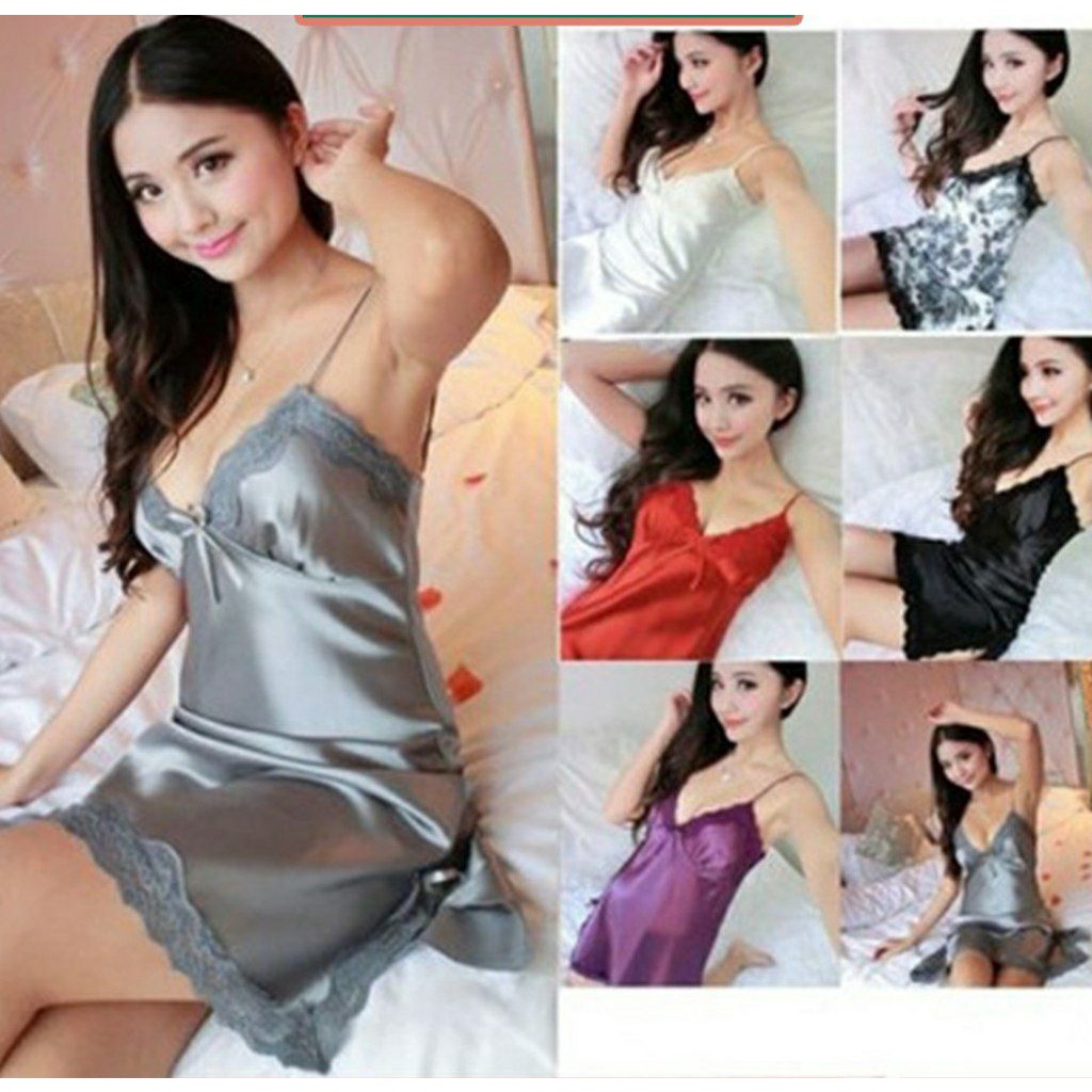 JT - PL013 Baju Tidur Piyama Wanita Korea Sexy Mini Dress Women Silk Satin Nightdress Lingerie Satin Night Dress