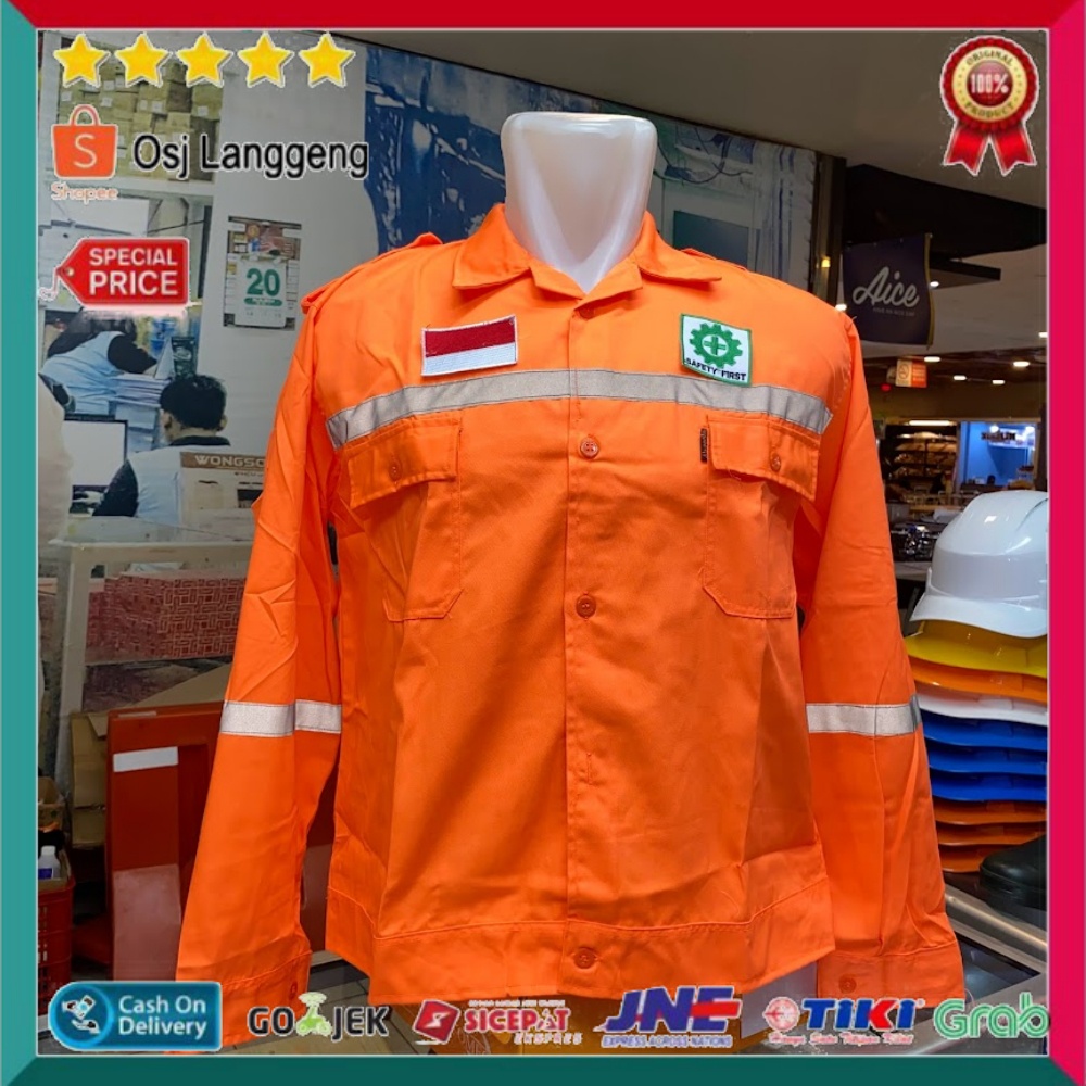 Seragam Kerja / Baju Atasan Lengan Panjang Bahan American Drill Warna Orange Murah