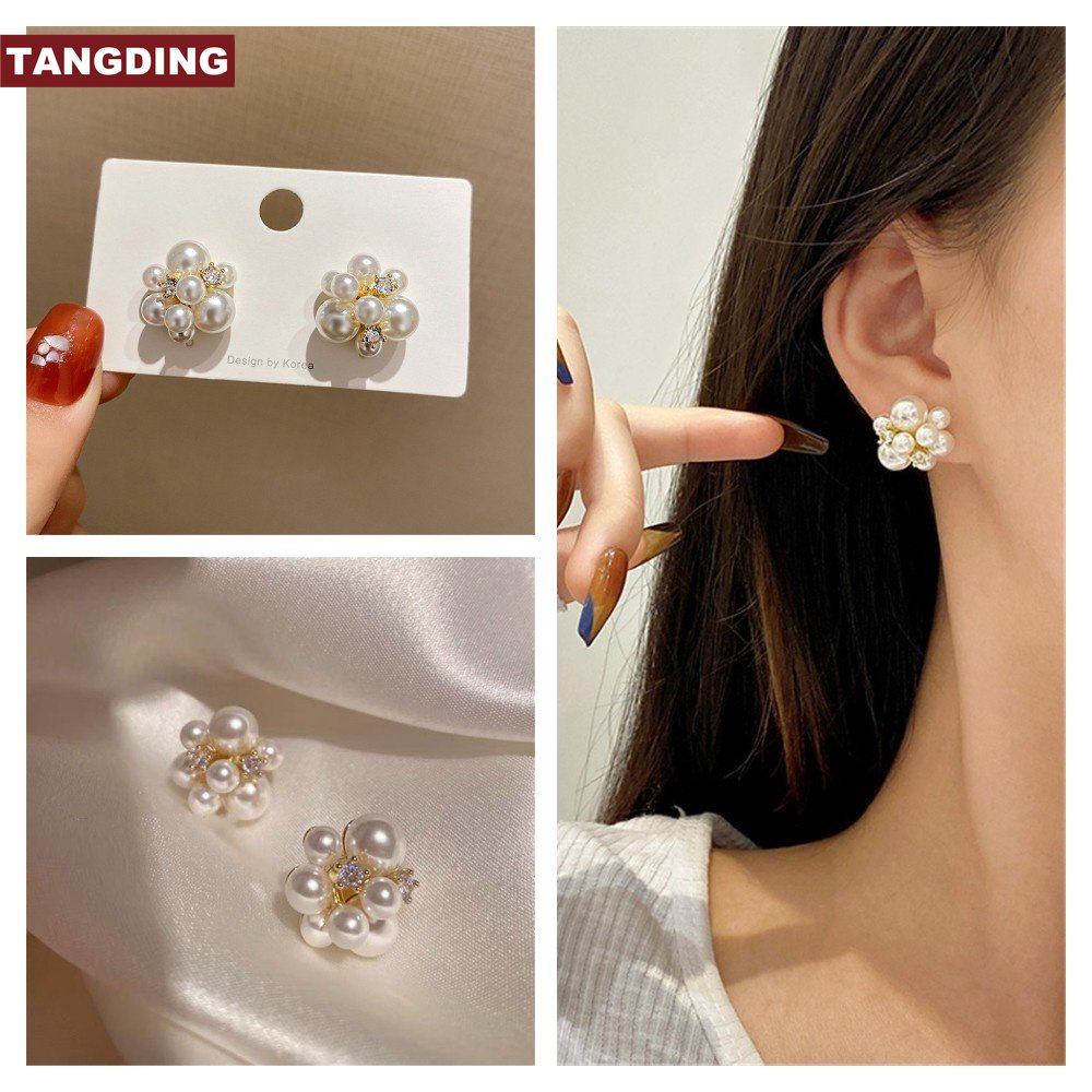 [COD Tangding] Retro Mutiara Tidak Teratur Berlian Bunga Anting Wanita Gadis Geometris Studs Earring Perhiasan Hadiah