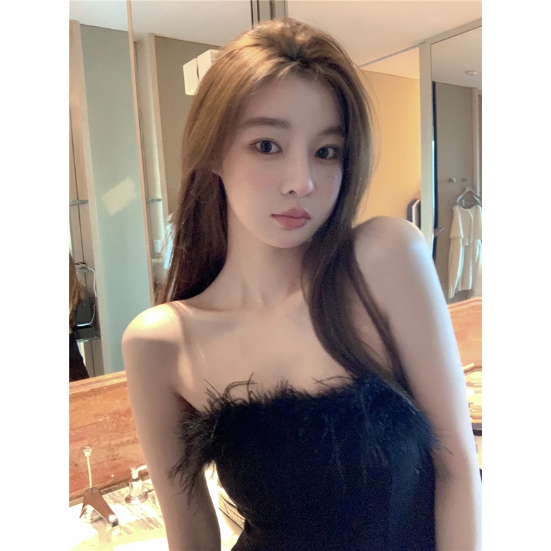 ♀☌✱Suhao black hot girl tube top dress wanita musim gugur rumbai rok pendek berkualitas tinggi buka kembali rok pinggul seksi ketat