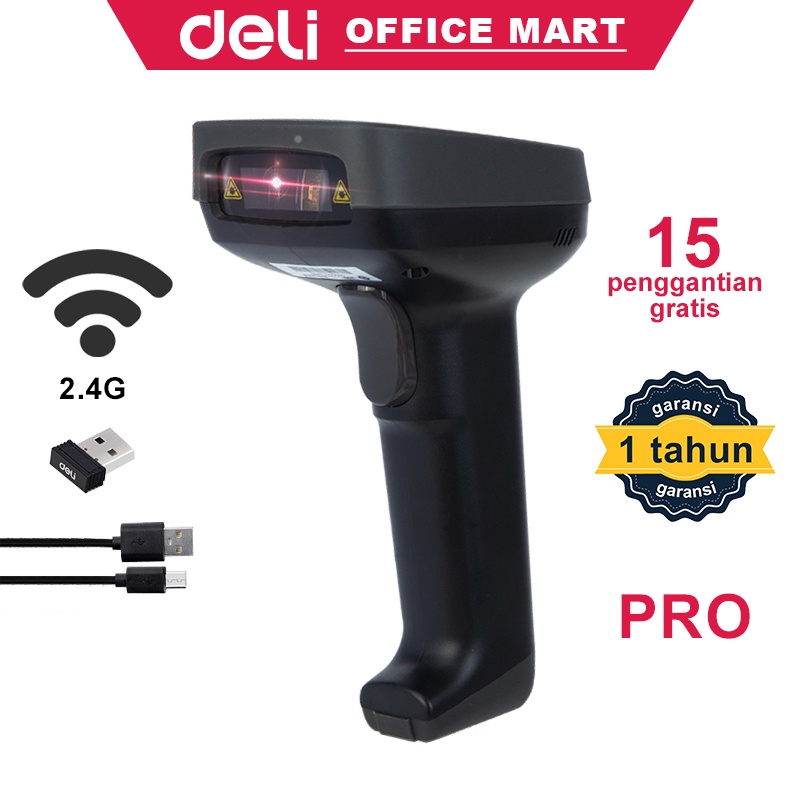 Deli Barcode Scanner Profesional Wireless Transmisi 100m Barcode Scanner Laser 25 Jenis Barcode Tangan Nirkabel Genggam 1D Scanner